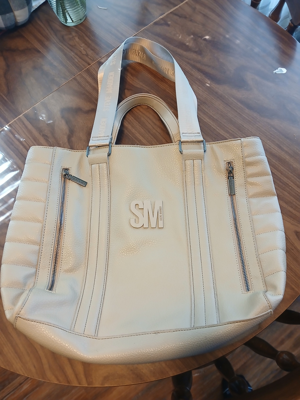 Steve Madden Cream Leather Tote with Branded Strap